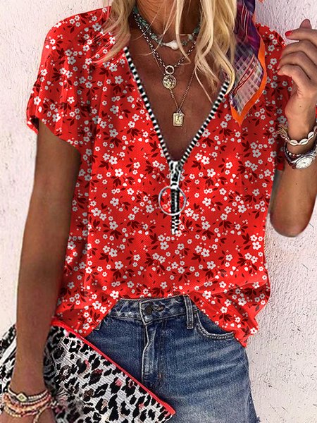 

V Neck Short Sleeve Holiday Tops, As picture, Shirts & Blouses