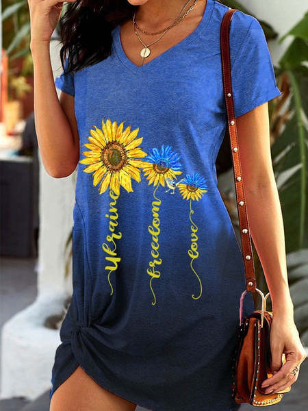 

V Neck Regular Fit Ombre Short Sleeve Sunflower Knit Dress, Yellow, Dresses