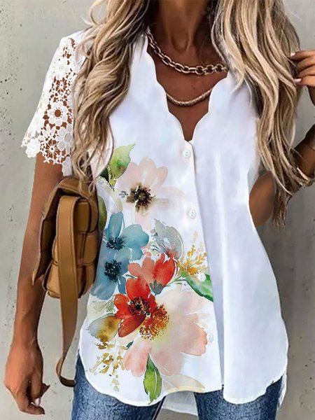 

V Neck Floral Casual Short Sleeve Blouse, White, Blouses & Shirts