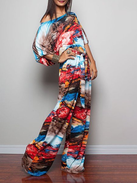 

Vacation Boat Neck Abstract Two Piece Sets, As picture, Pants Set