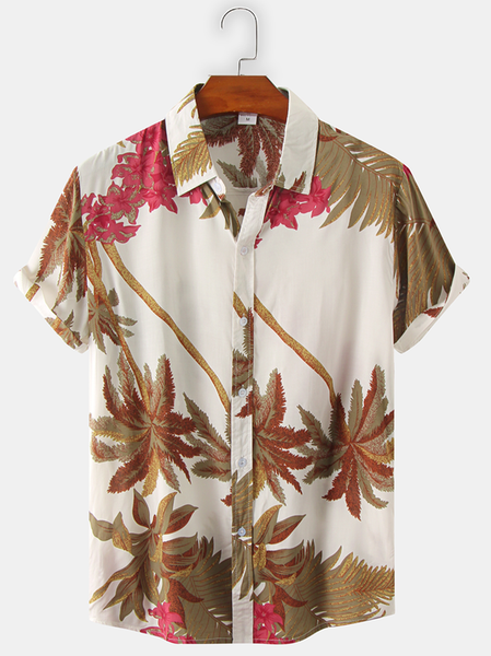 

Cotton Linen Style Botanical Floral Coconut Tree Print Lapel Cozy Linen Shirt, As picture, Shirts ＆ Blouse