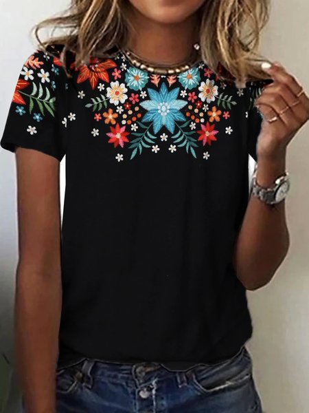 

Regular Fit Floral Casual Short Sleeve T-Shirt, Black, T-Shirts