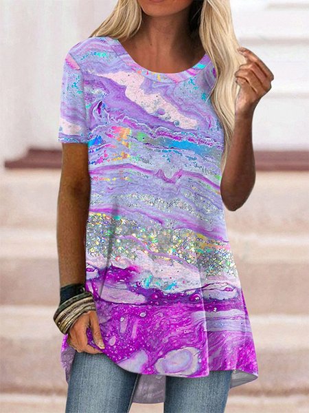 

Crew Neck Casual Printed Short Sleeve T-Shirt, As picture, T-Shirts
