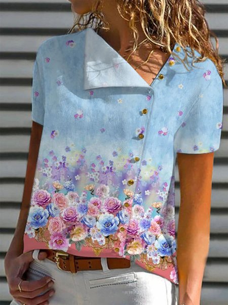

Casual Floral Loosen Short Sleeve Tops, Blue, Tops