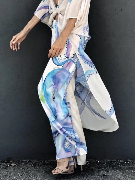 

Vacation Abstract Regular Fit Pants, Blue, Wide Leg Pants