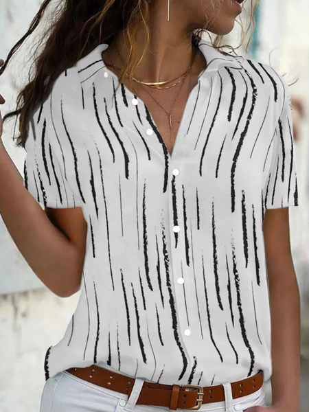 

Women's Striped Print Casual Short Sleeve Shirt, Black-white, Blouses