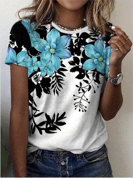

Casual Crew Neck Floral Short Sleeve T-Shirt, Blue, T-Shirts