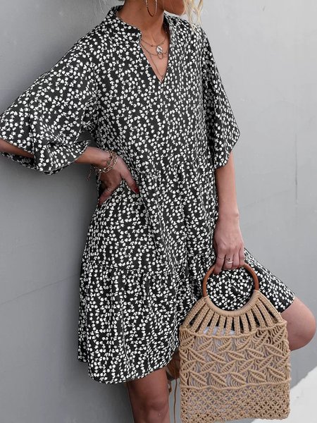 

Casual Short Sleeve Woven Dress, Black-white, Dresses