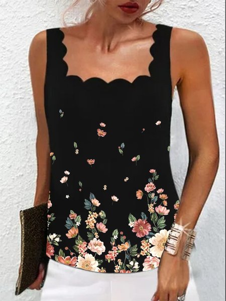 

Casual Floral Square Neck Sleeveless Knit, Black, Tank Top