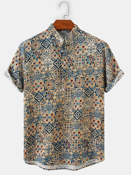 

Cotton Linen Botanical Floral Print Lapel Cozy Linen Shirt, As picture, Shirts ＆ Blouse