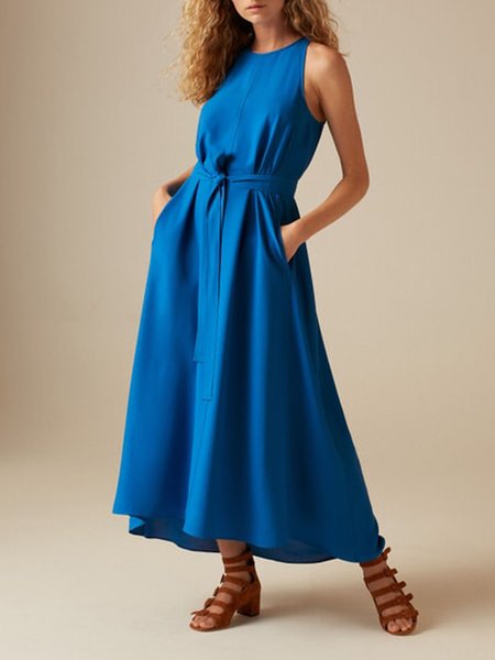 

Casual Loosen Solid Sleeveless Woven Dress, Blue, Maxi Dresses