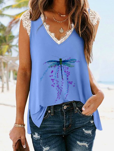

Regular Fit Vacation Dragonfly Short Sleeve Tops, Blue, Tank Tops & Camis