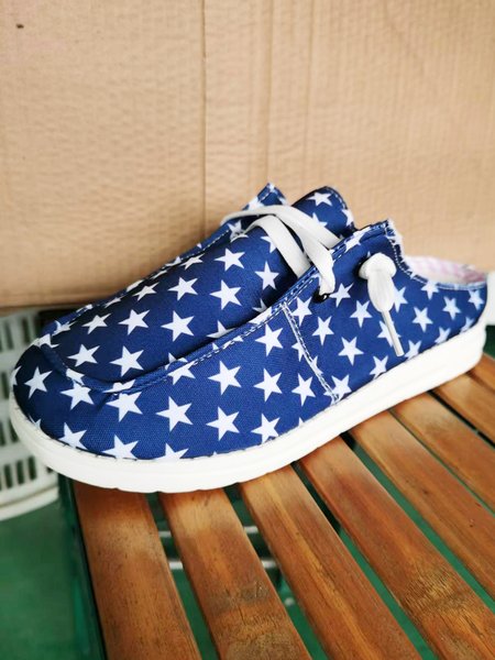 

JFN Women's Independence Day Star Pattern Lace-Up Canvas Shoe, Blue, Flats
