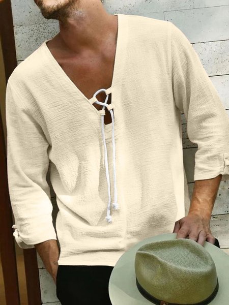 

Cotton And Linen Casual V Neck Mid Sleeve Shirt, Apricot, Blouses&Shirts