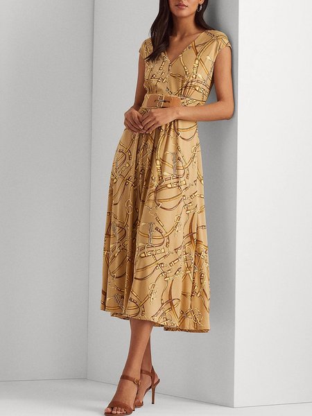 

V Neck Printed Short Sleeve Woven Dress, Khaki, Midi Dresses