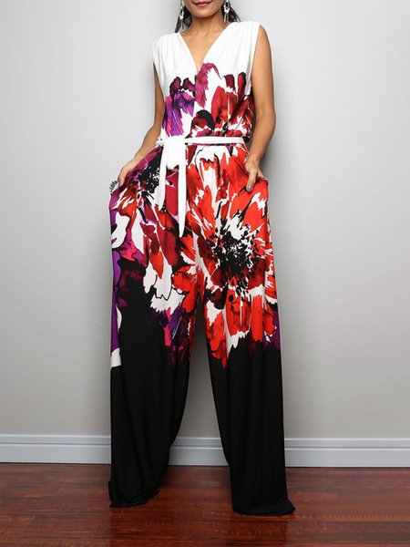 

Daily V neck Casual Floral Jumpsuit & Romper, Black, Jumpsuits