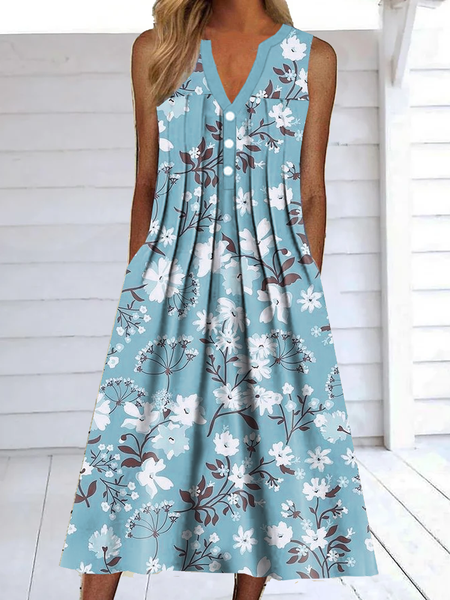 Casual Floral Sleeveless Woven Dresses, Blue, Midi Dresses