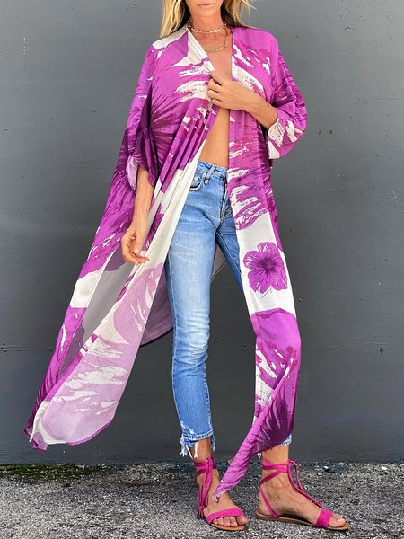 

Vacation Collarless Printed Vacation Cardigan, Purple, Kimonos