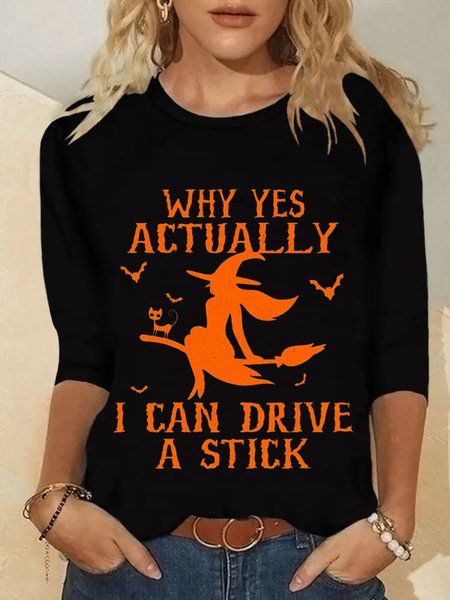 

Casual Long Sleeve Round Neck Printed Top T-Shirt, Black, T-Shirts