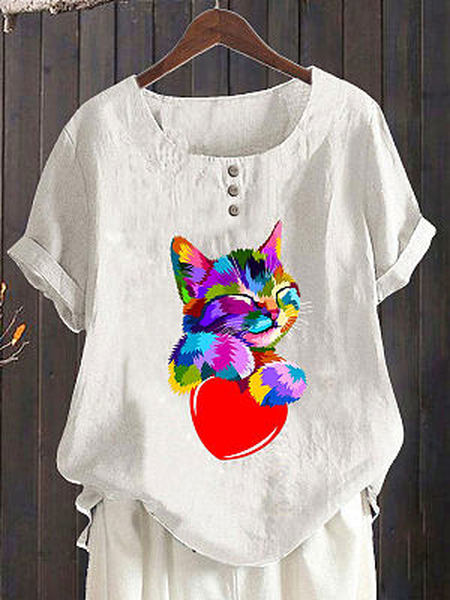 

Animal Linen Crew Neck Short Sleeve Tops, White, Shirts & Blouses