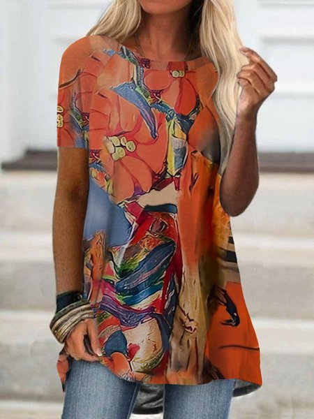 

Casual Short Sleeve Round Neck Plus Size Printed Tops T-shirts, Orange, T-Shirts