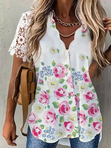 

V Neck Floral Loosen Short Sleeve Blouse, White, Blouses & Shirts