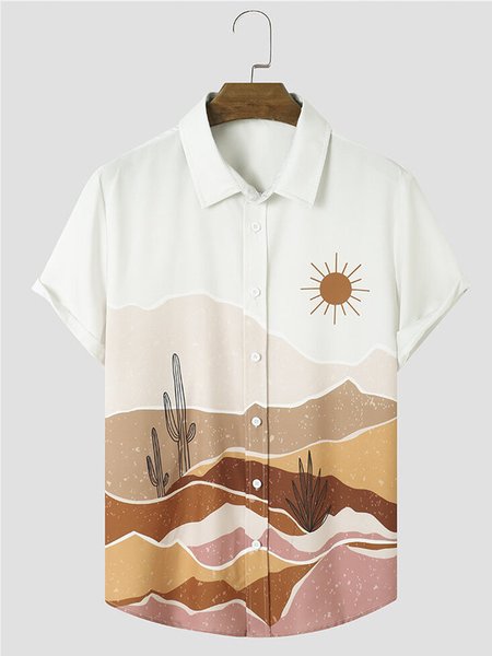

Men's Cotton Linen Natural Geographic Print Short Sleeve Shirt, As picture, Men's Floral shirt