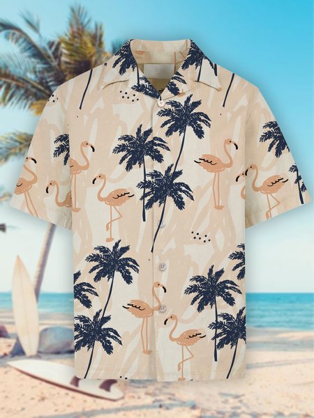 

Shirt Collar Vacation Cotton Blends Short Sleeve Shirt, Pink, Shirts ＆ Blouse