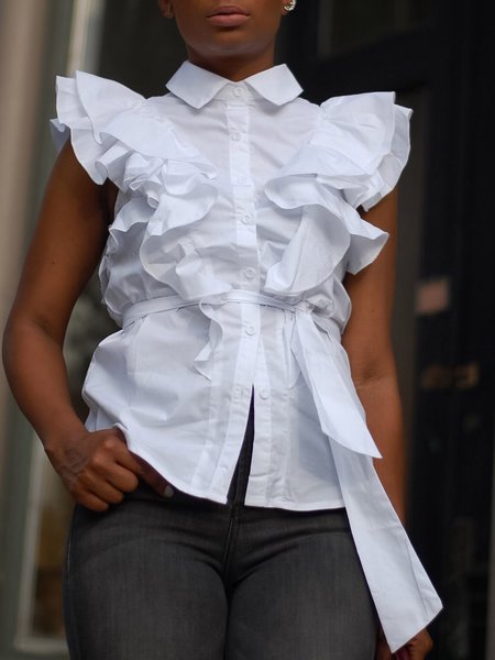 

Simple Shirt Collar Solid Short Sleeve Blouse, White, Blouses and Shirts