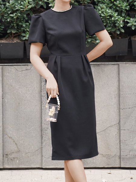 

Simple Regular Fit Crew Neck Short Sleeve Woven Dress, Black, Midi Dresses