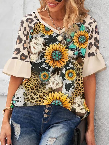 Frill Sleeve Vacation Sunflower Half sleeve T-Shirt, Yellow, T-Shirts