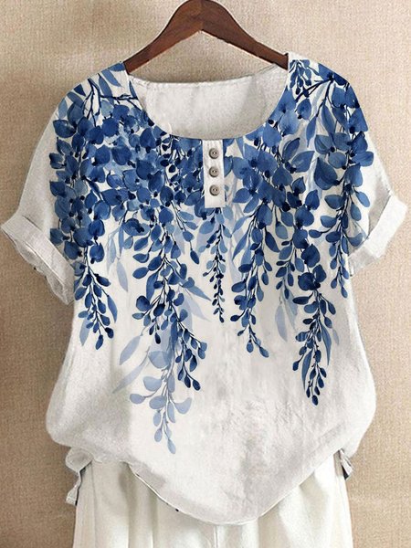 

Ink painting branches and leaves loose vacation linen nail button top T-shirt, Blue, Tops