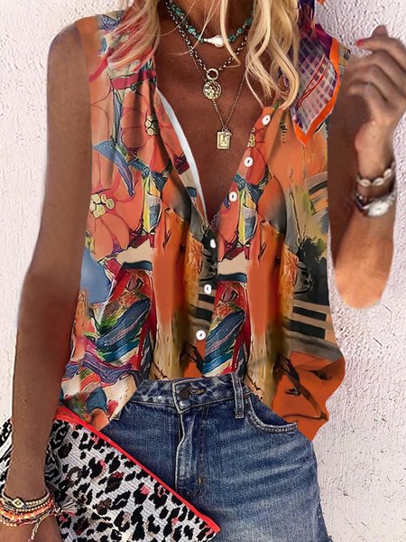 

Casual Sleeveless V Neck Plus Size Printed Blouses, Orange, Blouses & Shirts