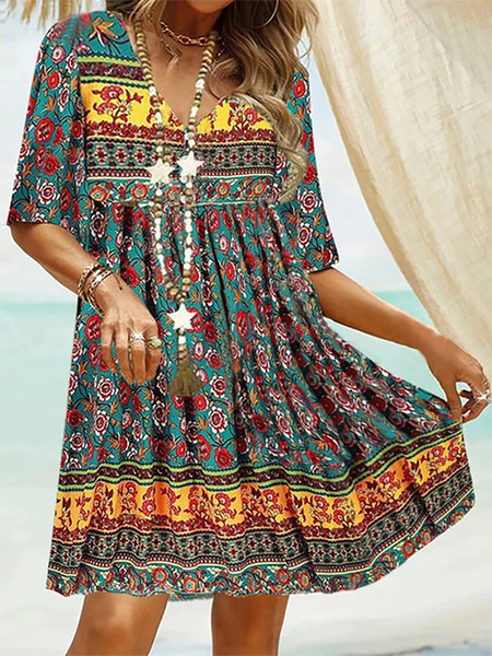 

V Neck Floral Casual Short Sleeve Woven Dress, Green, Mini Dresses