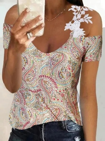

Floral V Neck Short Sleeve Tops, Multicolor, Tees & T-shirts