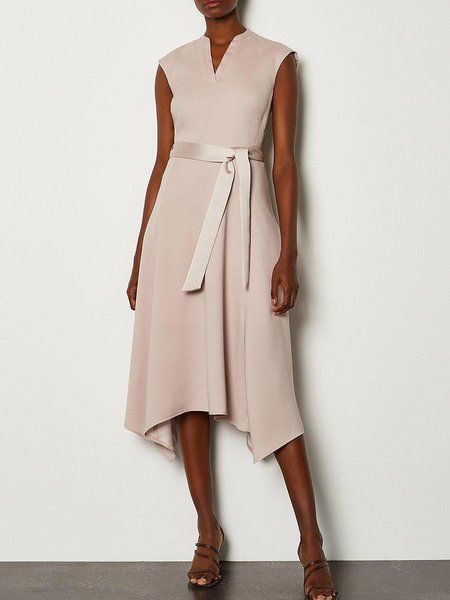 

Asymmetric V Neck Simple Sleeveless Woven Dress With Belt, Pink, Midi Dresses