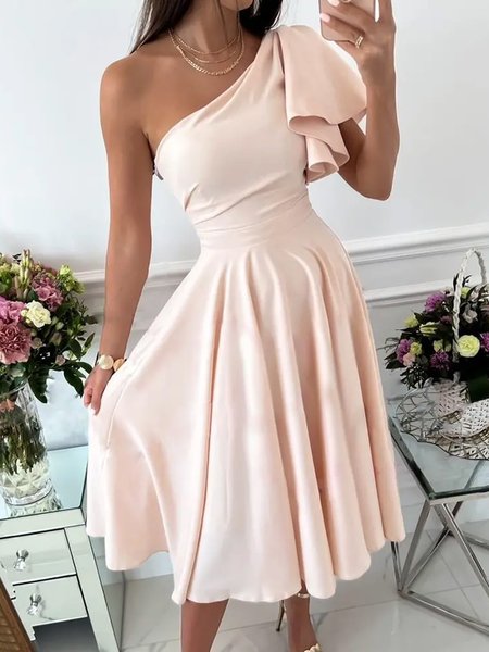 

One Shoulder Frill Sleeve Vacation Woven Dress, Nudepink, Midi Dresses