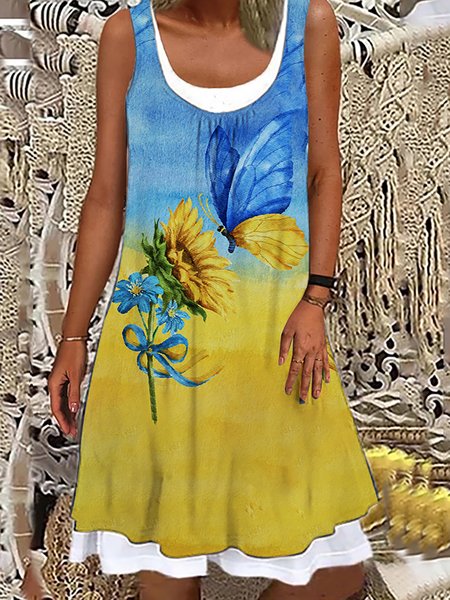 Sunflower Painted Design Fake Two Piece Dress, Yellow, Dresses