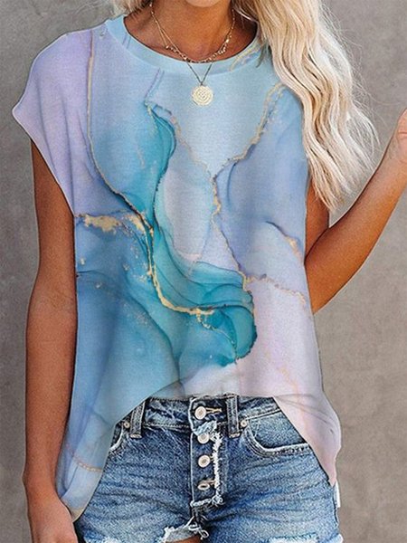 

Casual Crew Neck Printed Loosen Short Sleeve T-Shirt, Blue, T-Shirts