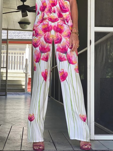 

Holiday Printed Straight Leg Pants, Pink, Wide Leg Pants