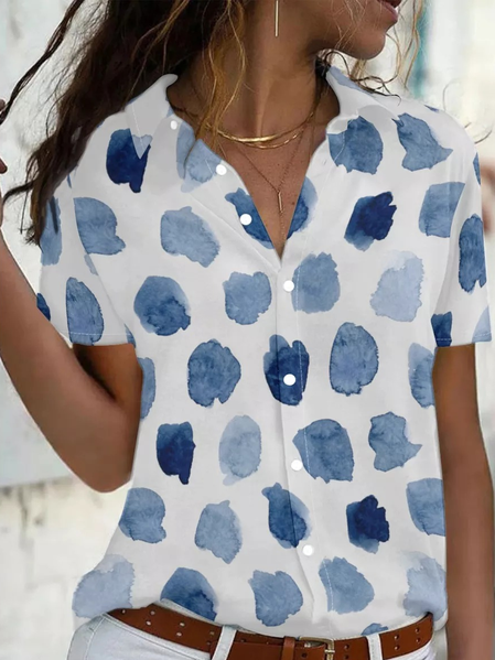 

Womens Blue Watercolor print Short Sleeve Blouse, As picture, Blouses