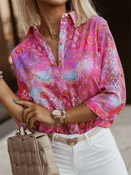 

Casual Shirt Collar Tribal Mid Sleeve Blouse, Multicolor, Blouses & Shirts