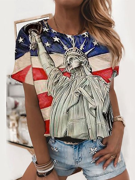 

Star Striped Flag Printed Casual Loosen Crew Neck Short Sleeve T-Shirt, Flower, T-Shirts