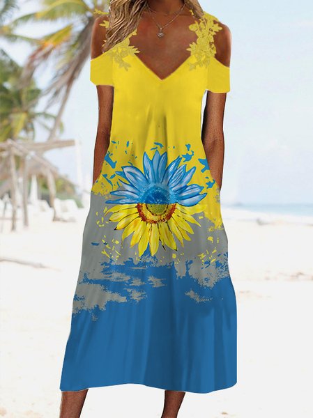 

Vacation Color Block Sunflower Short Sleeve Knit Dress, Multicolor, Dresses