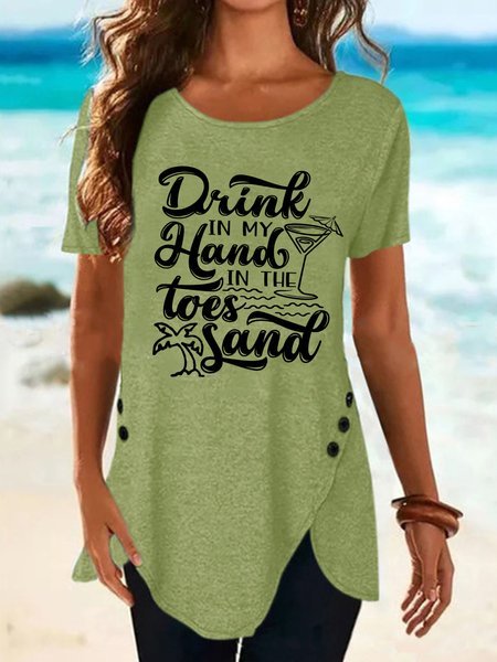 

Funny Trip Drink In My Hand Toes In The Sand Cotton Blends Short Sleeve T-Shirt, Green, T-shirts