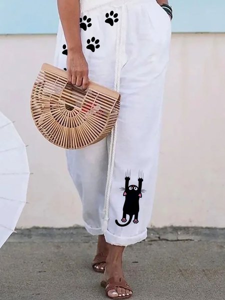 

Printed Vaion Printed Cotton Blends Drawstring Waist Pants, White, Bottoms