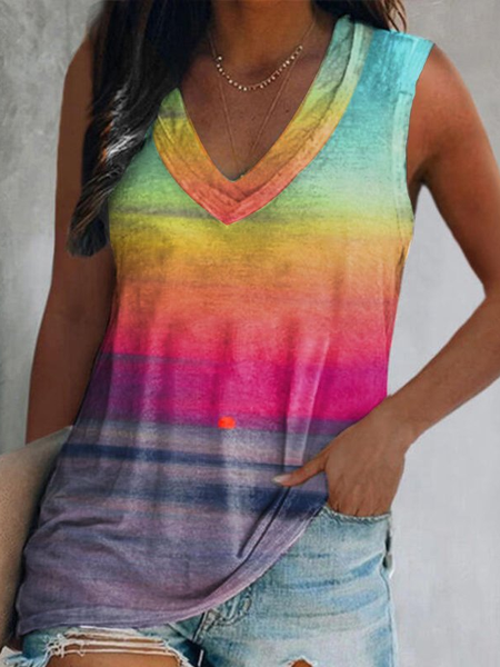 

Ombre V Neck Loosen Casual Knit, As picture, Tank Top
