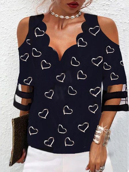 

Love Printed V Neck Casual Vacation Half Sleeve Black Tops, Tops