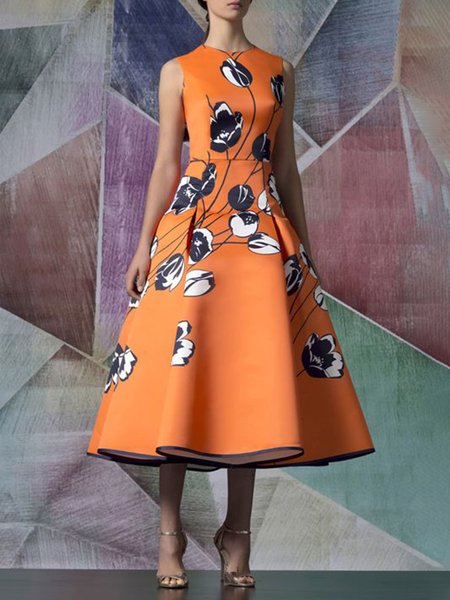 

Regular Fit Crew Neck Floral Sleeveless Woven Dress, Orange, Maxi Dresses