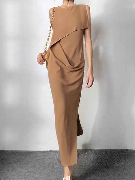 

Plain Regular Fit Elegant Sleeveless Knitting Midi Dress, Khaki, Maxi Dresses